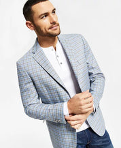 TOMMY HILFIGER Men's 42S Blazer Modern-Fit Gray Light Blue Check Sport Coat