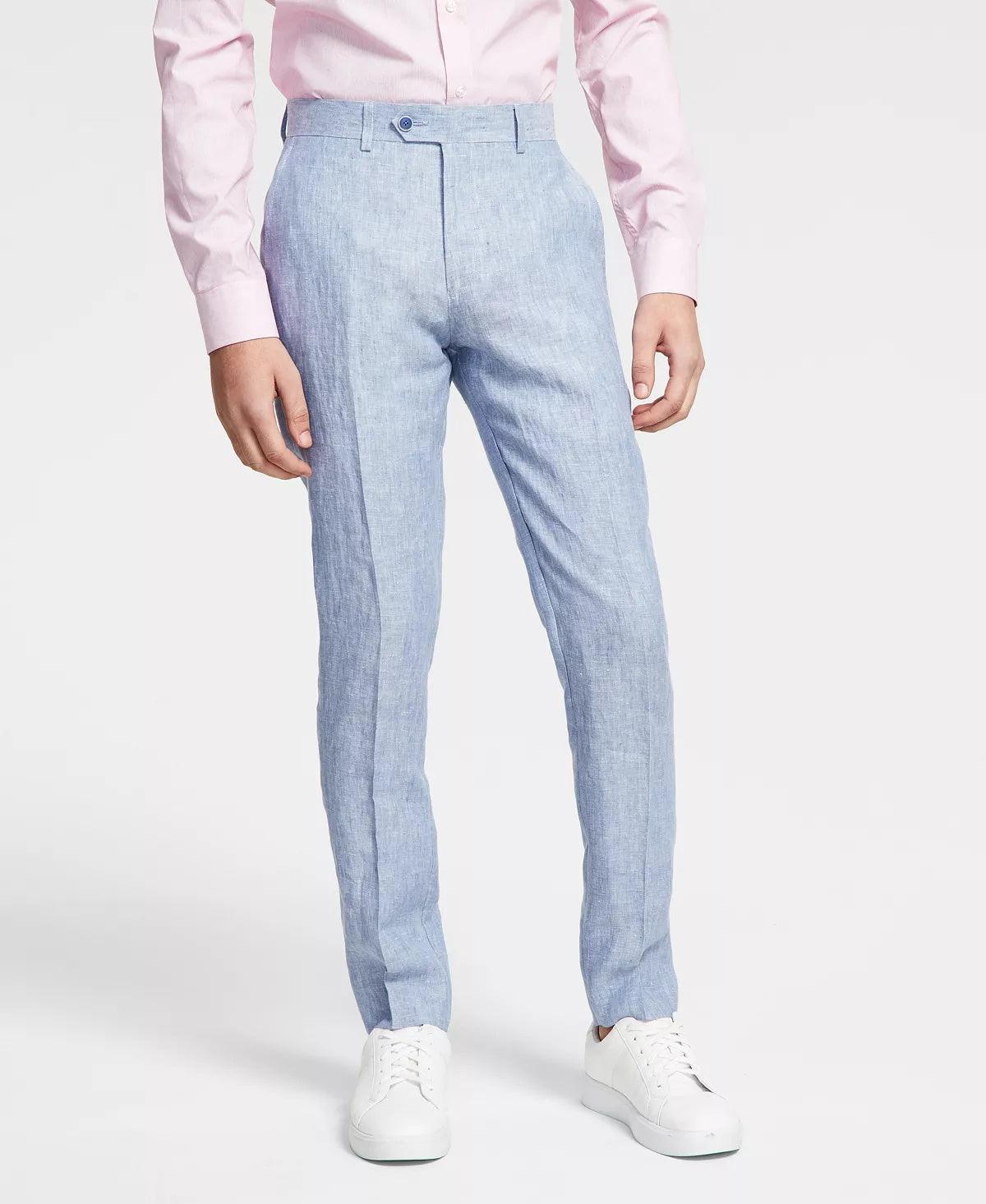 Bar Iii Mens Slim fit Dress Pants 30 / 30 Light Blue Solid Stretch Linen