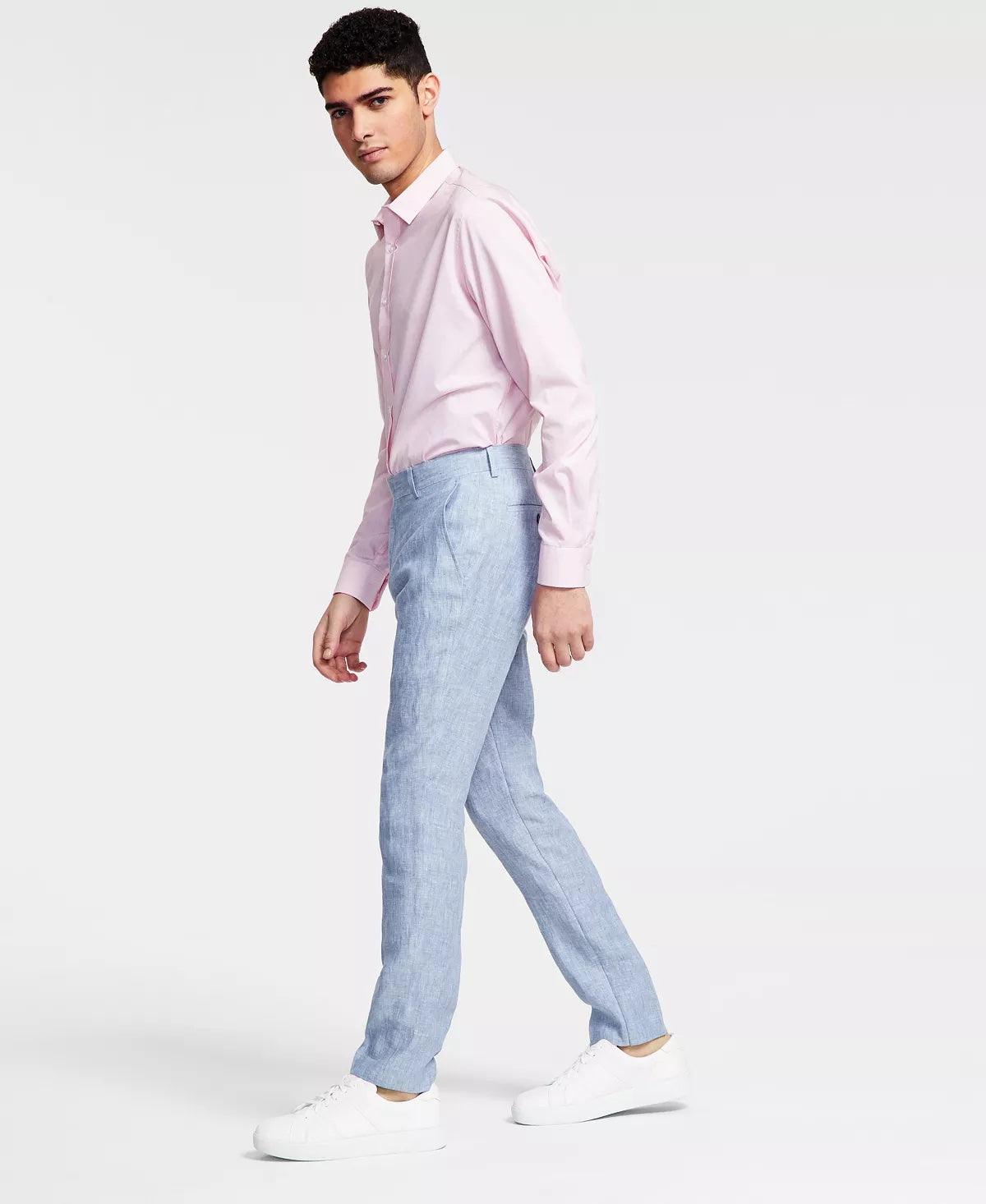 Bar Iii Mens Slim fit Dress Pants 30 / 30 Light Blue Solid Stretch Linen