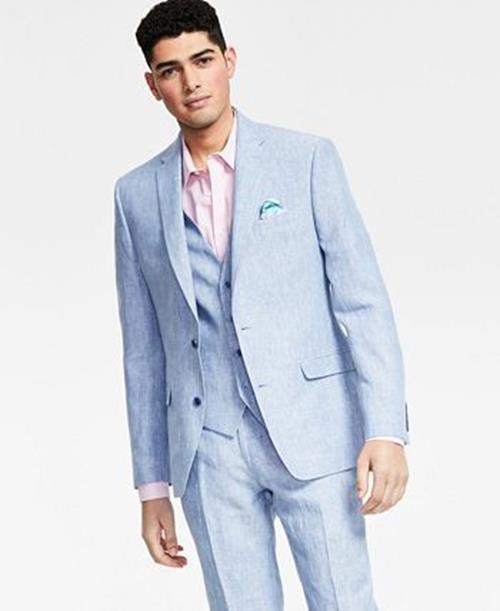 Bar III Men's Chambray Suit Jacket 42S Slim Fit Linen Light Blue
