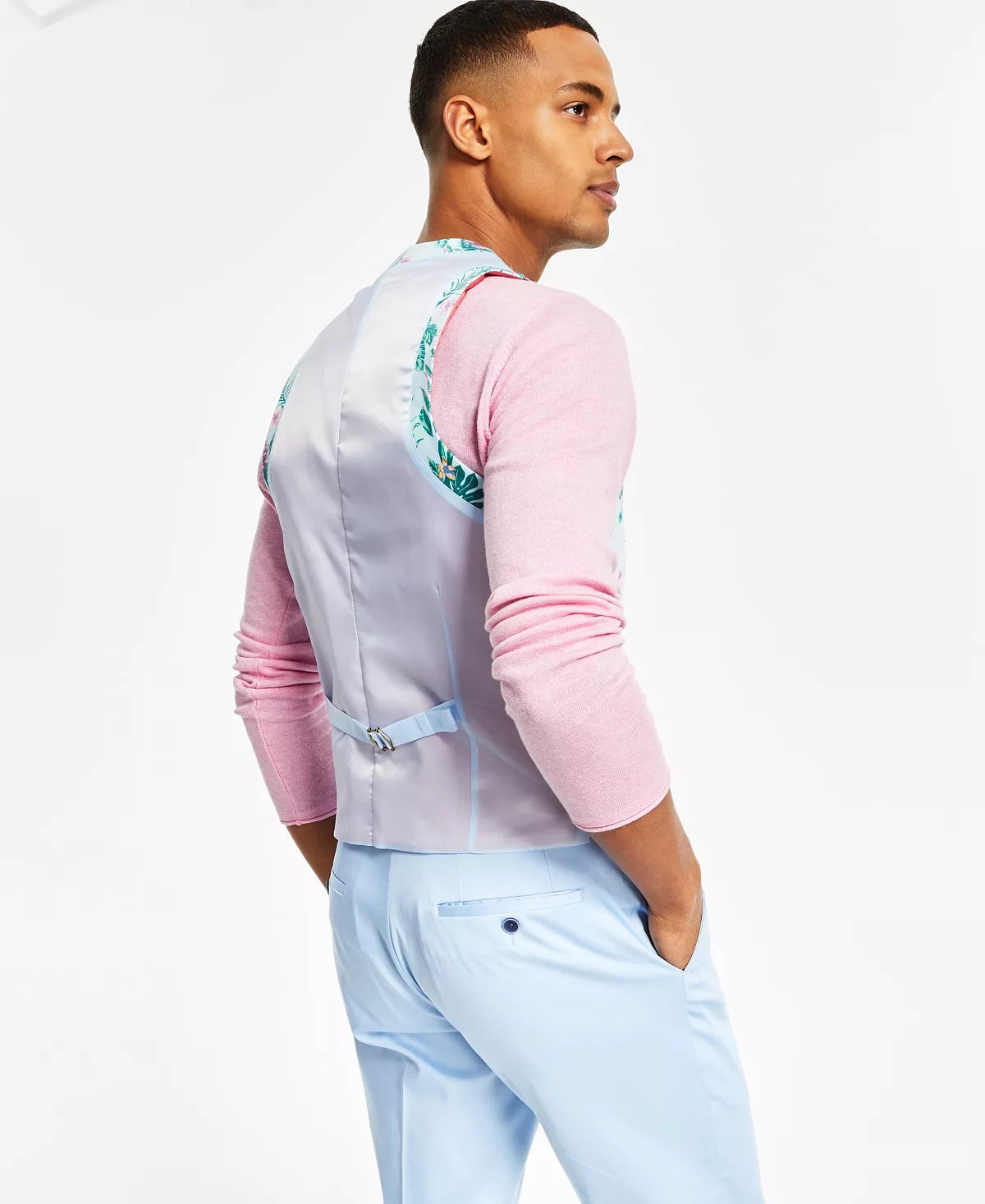 Bar III Mens Slim Fit Floral Print Suit Vest Blue Pink Small