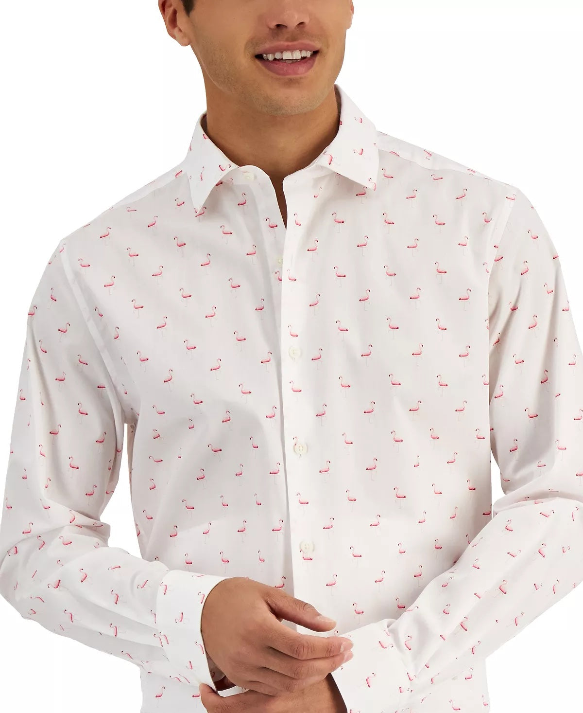 Bar III Mens Flamingo Button Down Dress Shirt White Pink Large