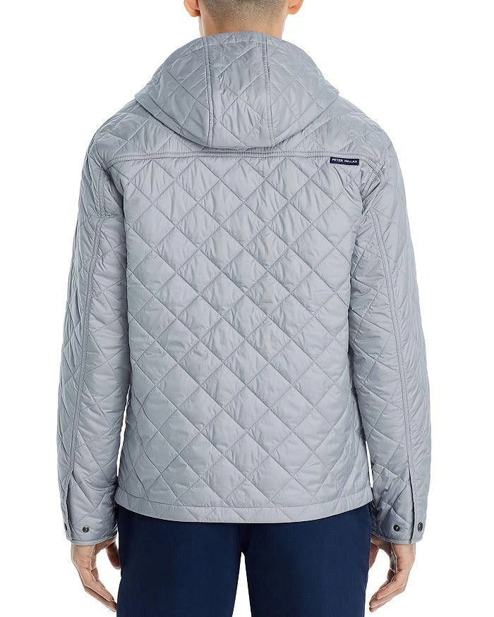 Peter Millar Mens Regular fit Quilted Full Zip Hooded Coat XL Light Grey Solid