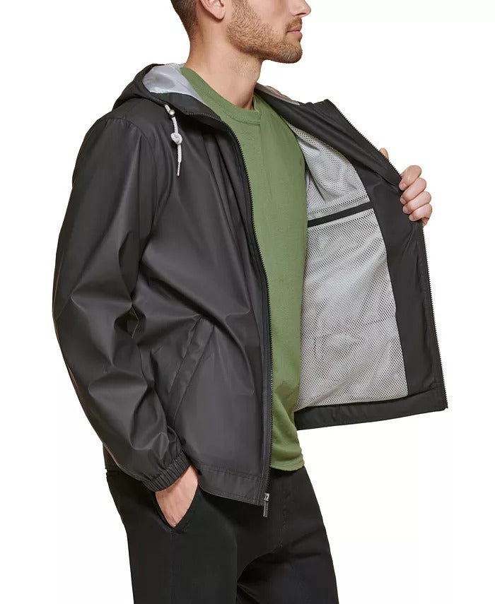 Club Room Men's Rubberized Lightweight Hooded Rain Jacket Coat Black XL