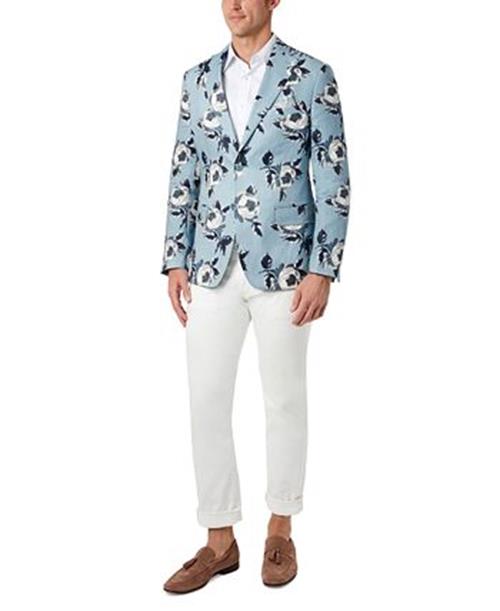TALLIA Men's Slim-Fit Blue Floral Blazer 40R Blue Linen Sport Coat