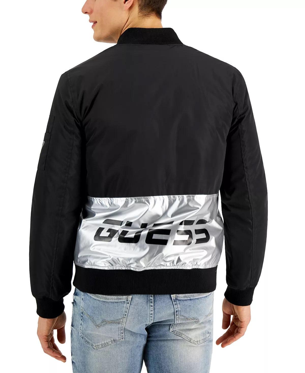Guess Men's Bomber Jacket Coat Reflective Logo Detailing Black