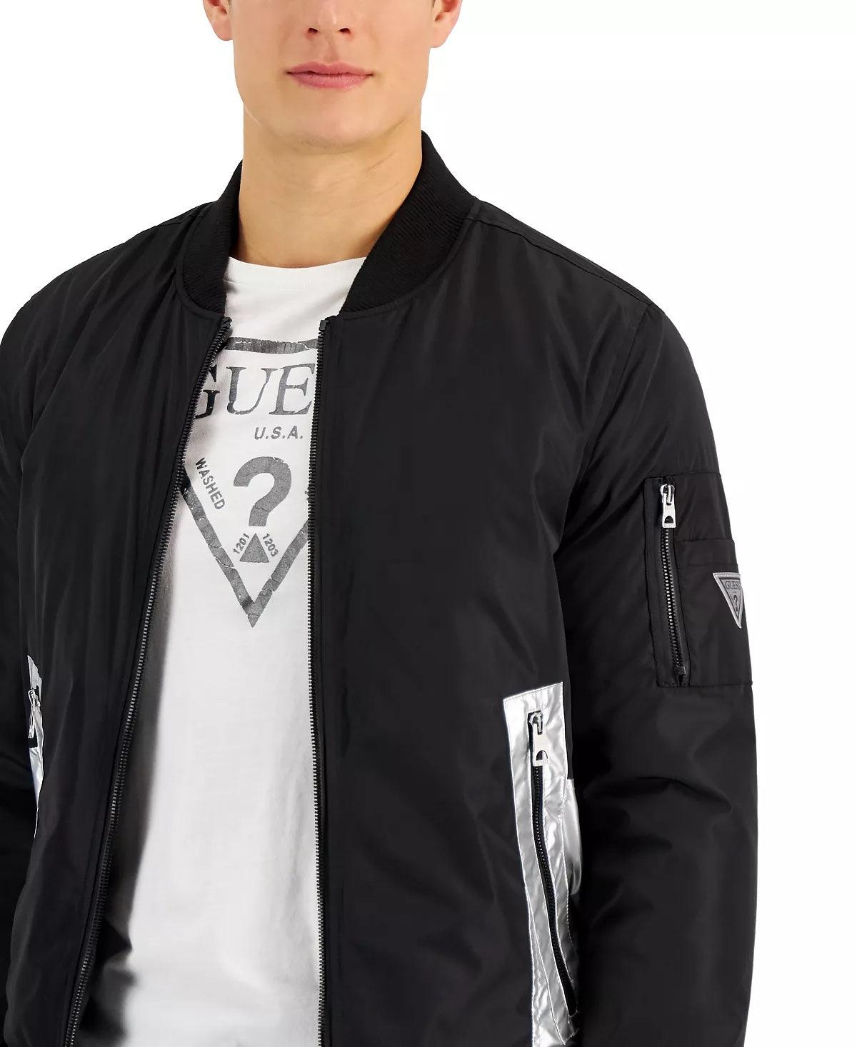 Guess Men's Bomber Jacket Coat Reflective Logo Detailing Black