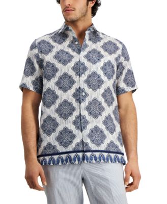 Club Room Men's Medallion Print Linen Shirt Navy  Small