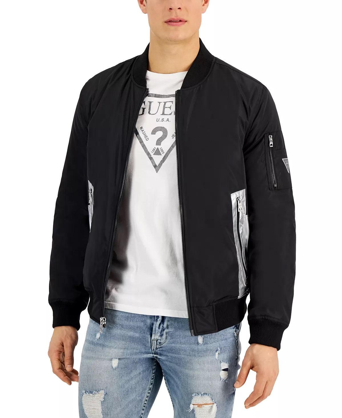 Guess Men's Bomber Jacket Coat Reflective Logo Detailing Black