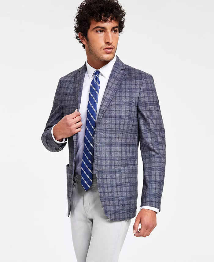 Bar III Mens Plaid Slim Fit Two Button Blazer Grey Plaid 42S