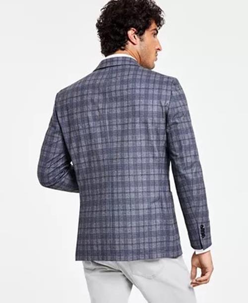 Bar IIII Men's Slim Fit Knit Sport Coat Grey Blue Plaid 38R