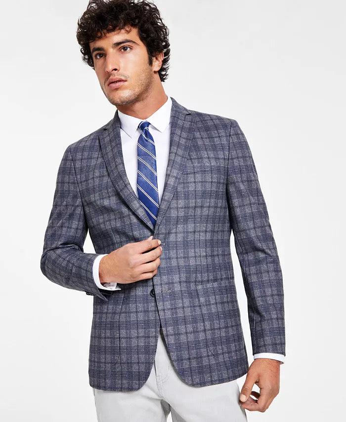 Bar IIII Men's Slim Fit Knit Sport Coat Grey Blue Plaid 38R