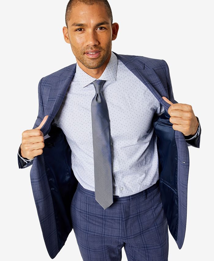 CALVIN KLEIN Men's Slim-Fit Plaid Suit Jacket 40R Blue Plaid Two Button