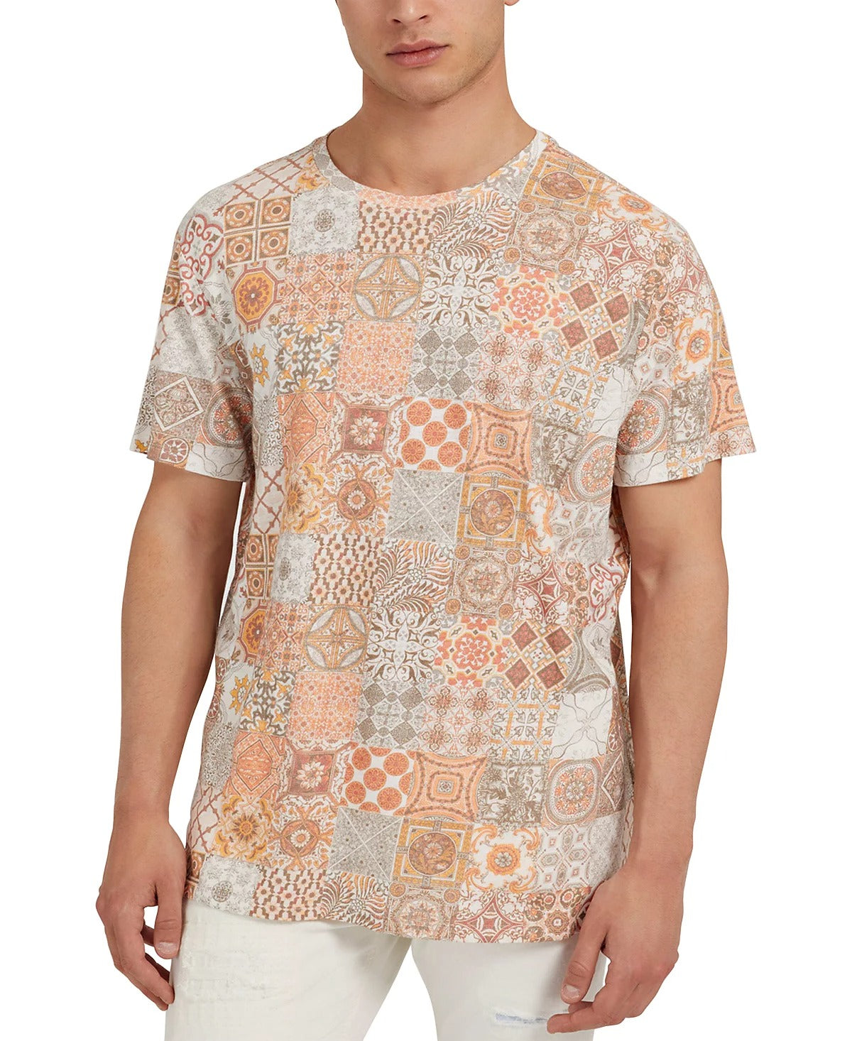 GUESS Men's Mosaic Print T Shirt XL Orange