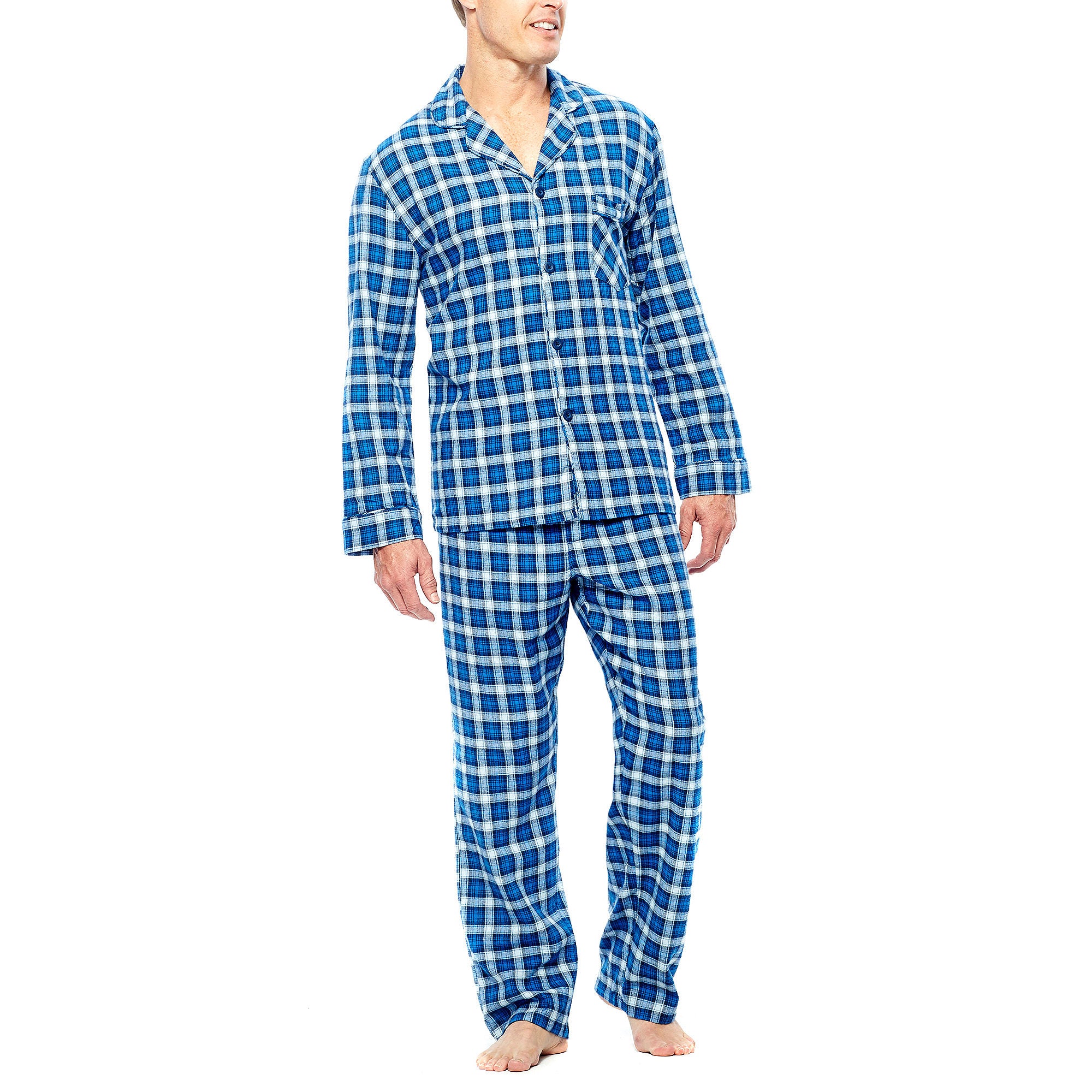 Hanes Mens Ultimate Plaid Flannel Pajama Set Blue Medium