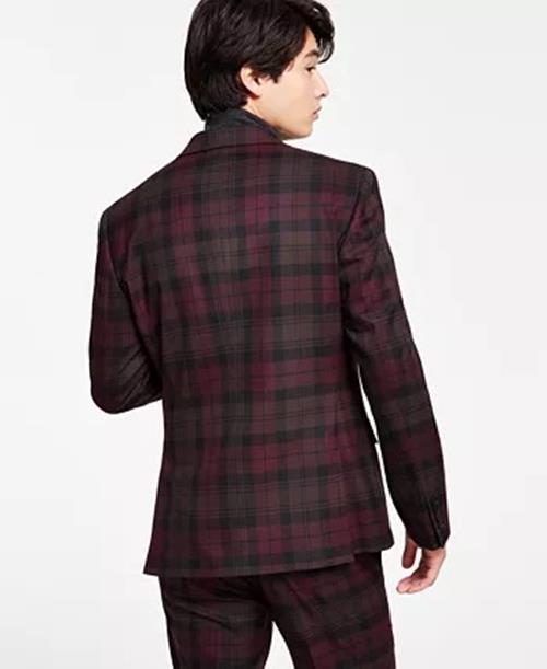 Bar III Men's Slim-Fit Burgundy Plaid Suit Separate Jacket 36S