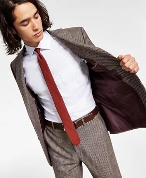 Bar III Men's Slim Fit Two-Button Blazer Burgundy Black Check 42 Short