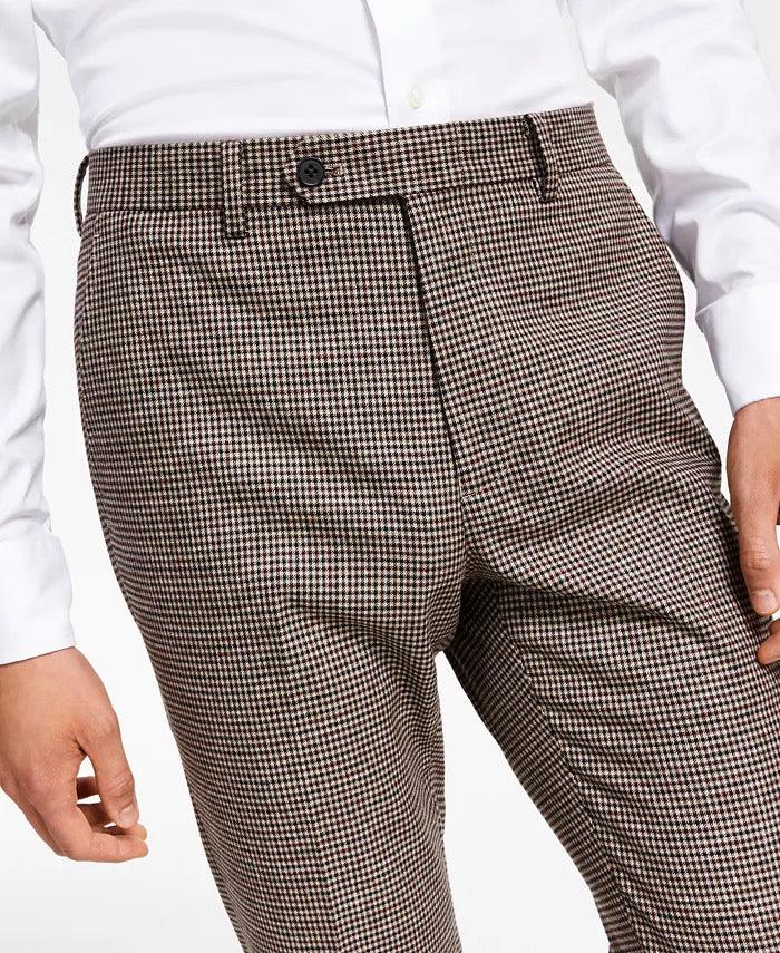 Bar iii Mens Dark Red Tan Check Print Dress Pants 32 X 32