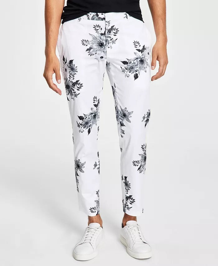 Inc International Concepts Men's Slim fit Floral print Pants White Black 32 x 32