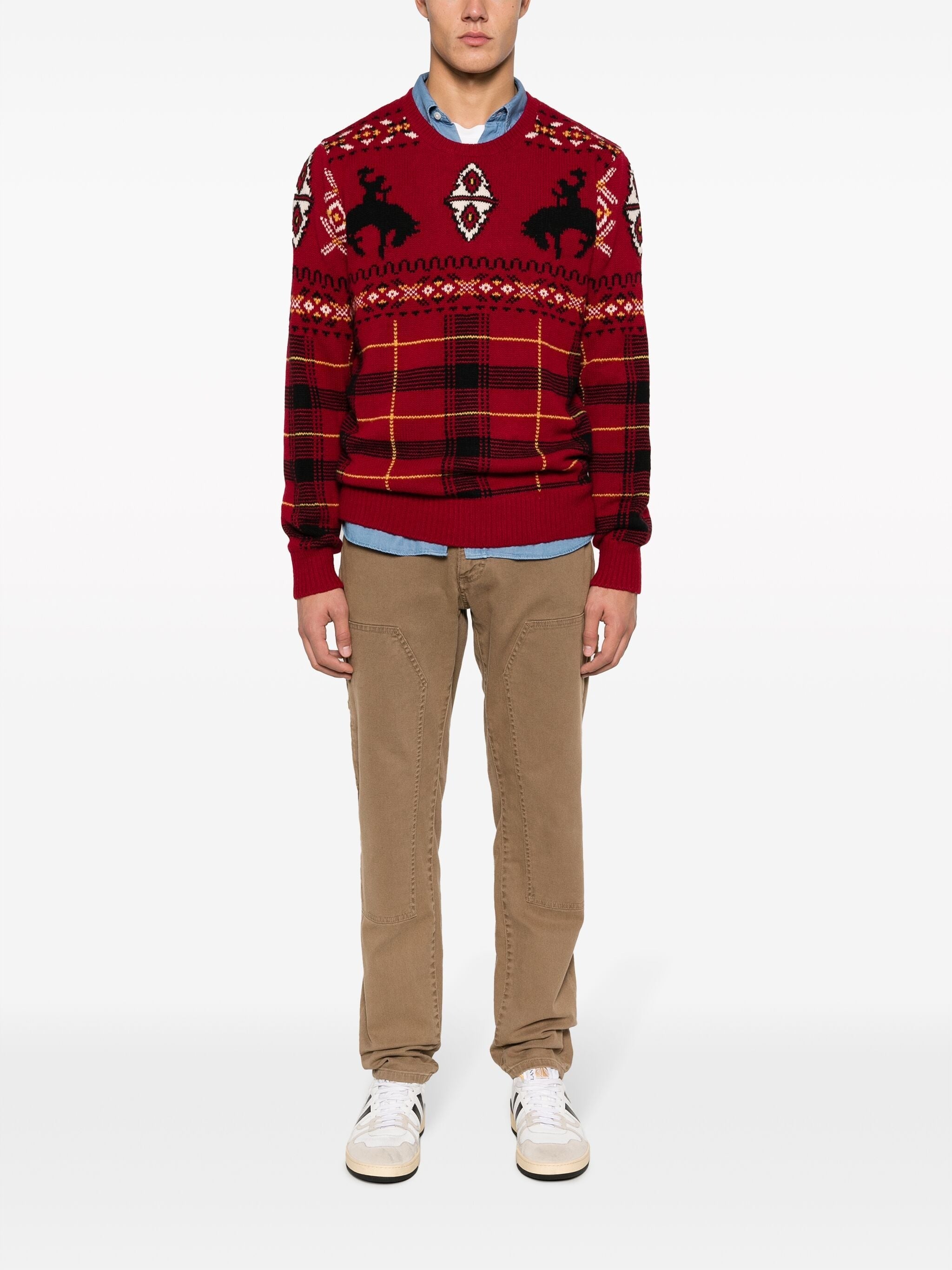 Polo Ralph Lauren Mens Western Inspired Fair Isle Sweater Large Red Combo Wool