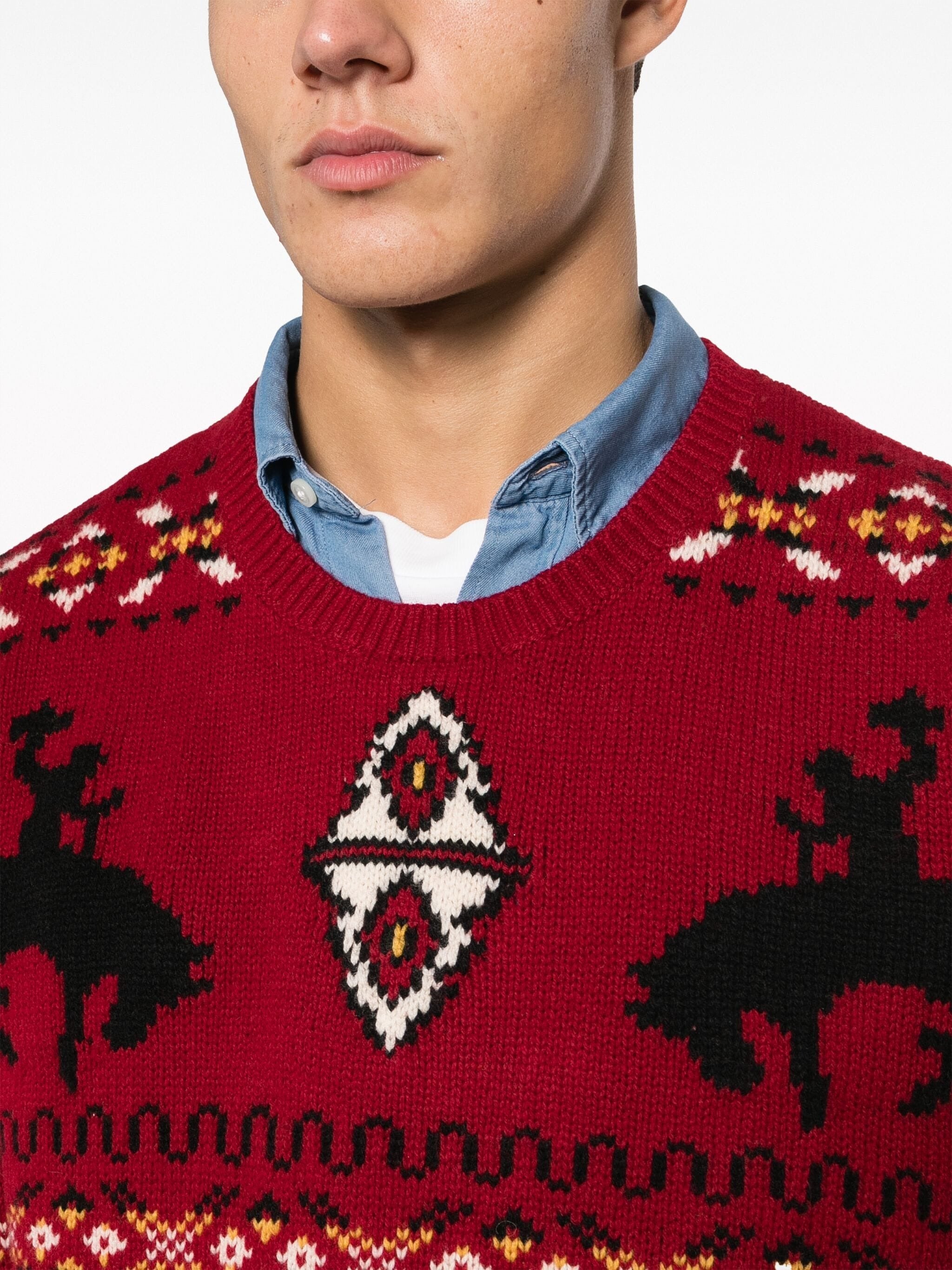 Polo Ralph Lauren Mens Western Inspired Fair Isle Wool Sweater Red Combo Large
