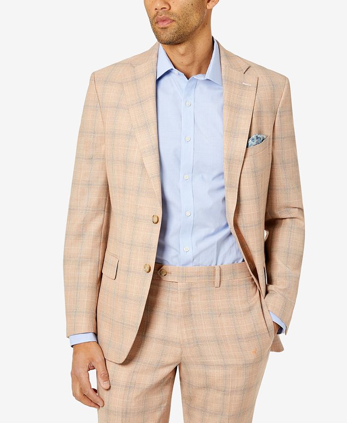 TALLIA Men's Slim-Fit Wool Suit Jacket 42L Tan Blue Plaid