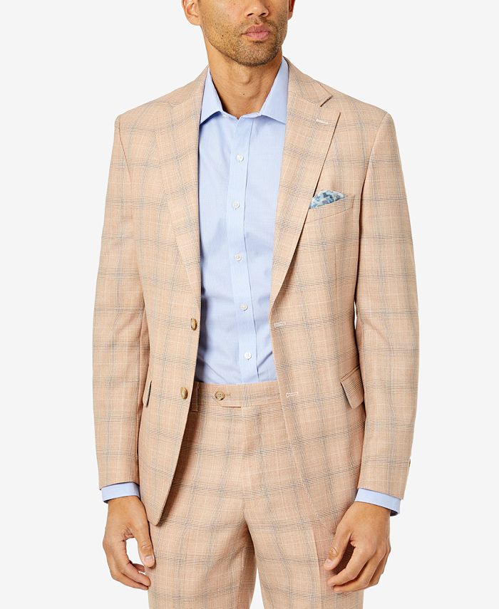 TALLIA Men's Slim-Fit Wool Suit Jacket 42L Tan Blue Plaid