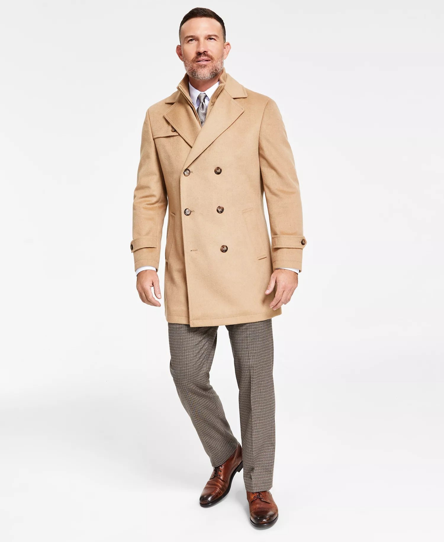 Lauren Ralph Lauren Men's Double-Breasted Overcoat 46 R Attached Bib - Camel