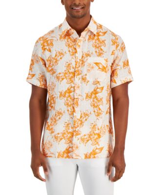 Club Room Men's Floral Weave Short sleeve Button up Shirt Orange White Small
