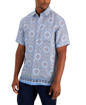 Club Room Men's Geometric Medallion Linen Short Sleeve Shirt Blue Navy Xxl