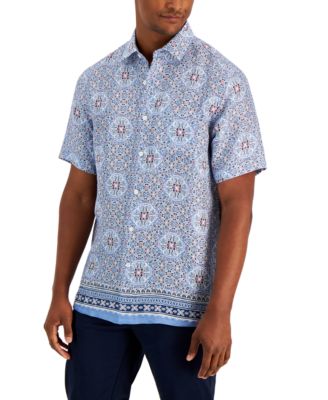 Club Room Men's Geometric Medallion Linen Short Sleeve Shirt Blue Navy Xxl