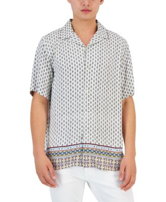 Carlo Mens Geo Print Silk Shirt Club Room White Xl