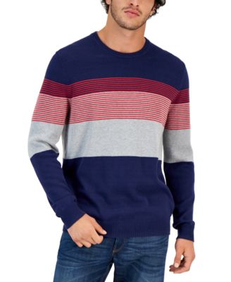 Club Room Men's Striped Cotton Crewneck Sweater Navy Blue Red XL