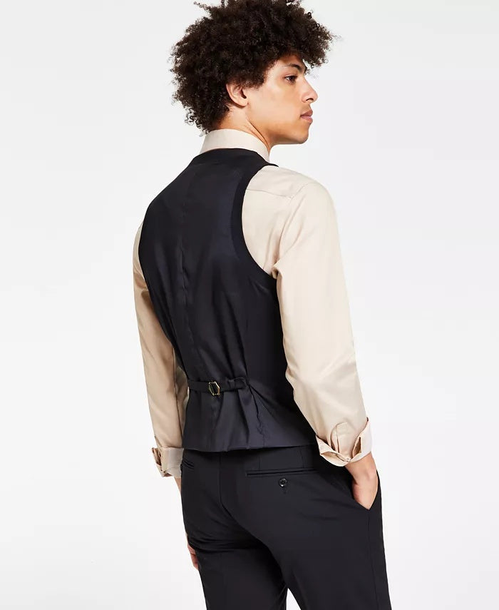 Bar Iii Mens Slim fit Button-Up Vest Medium Black Solid Stretch Wool