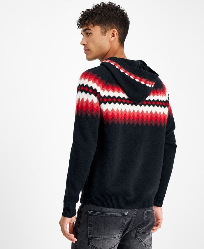 International Concepts Mens Geometric Stripe Cashmere Black Hoodie Sweater Large