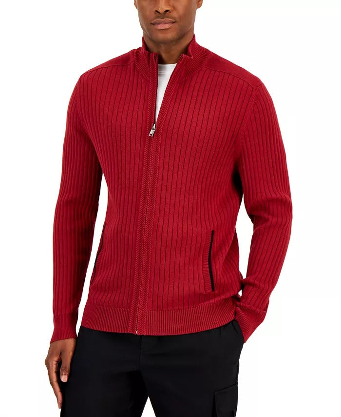 Alfani Men's Ribbed Full-Zip Regular Fit Sweater XL Merlot Red Cotton