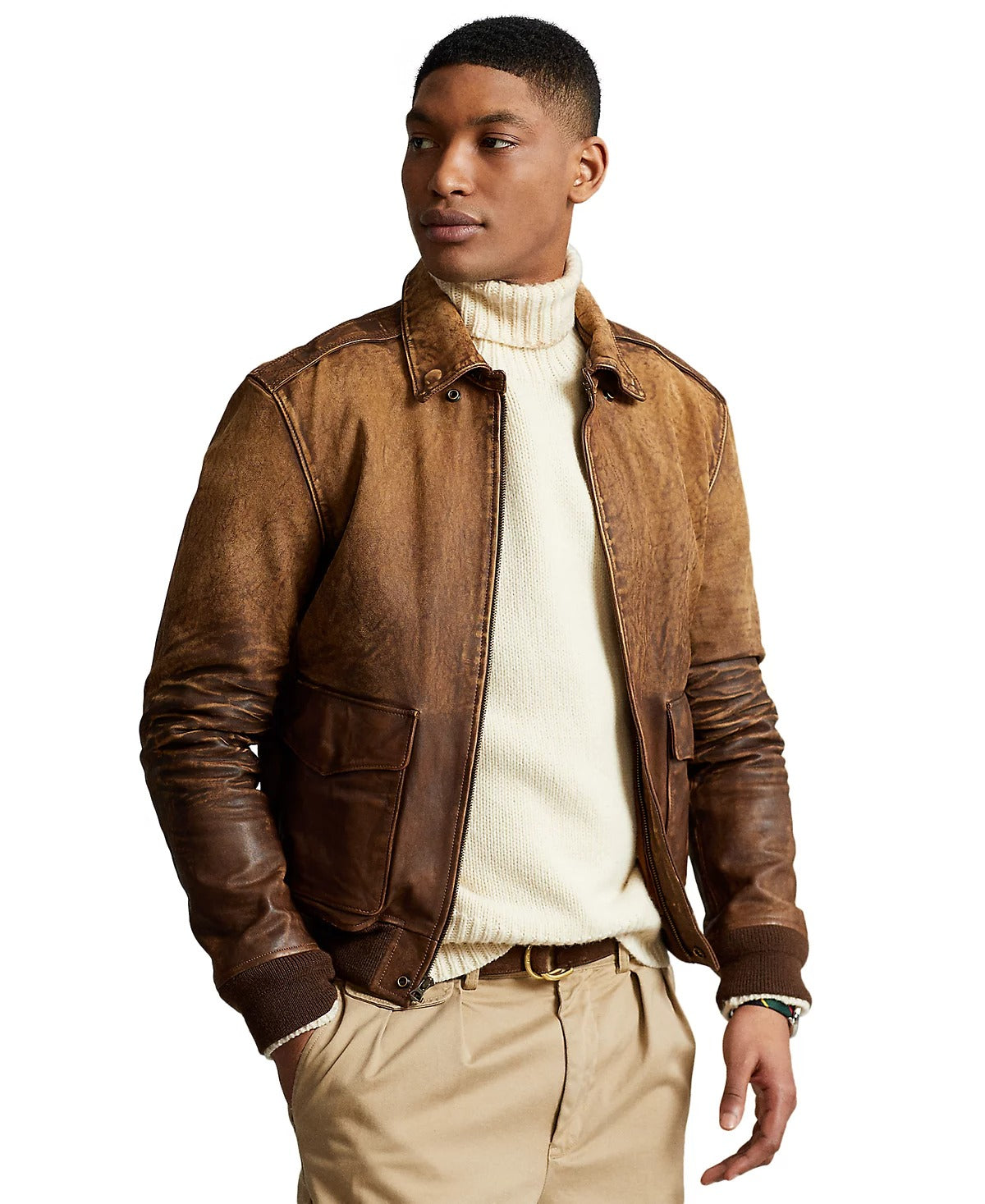 Polo Ralph Lauren Mens Leather Flight Jacket Coat Brown Small