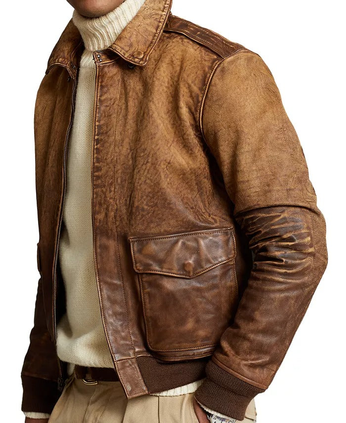 Polo Ralph Lauren Mens Leather Flight Jacket Coat Brown Small