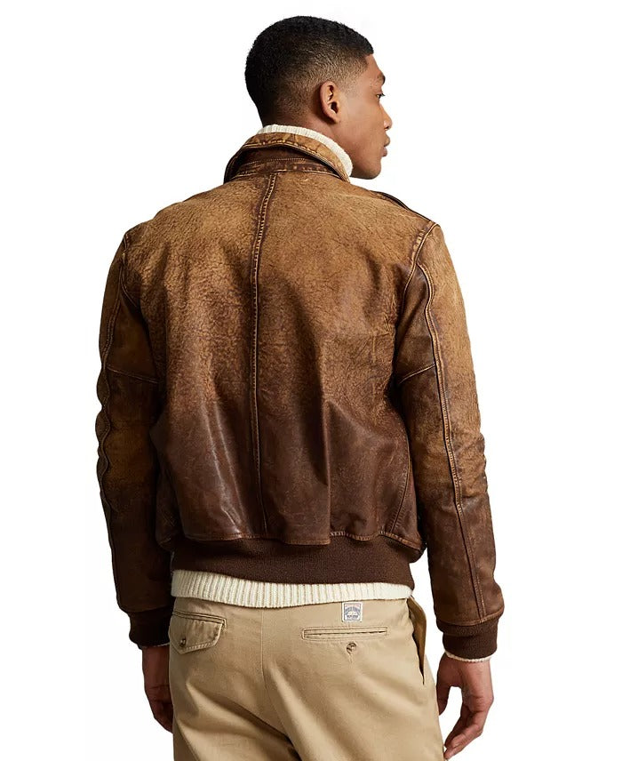 Polo Ralph Lauren Mens Leather Flight Jacket XL Teak Brown