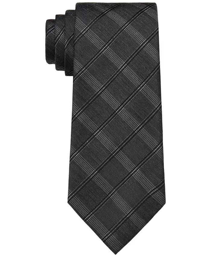 Calvin Klein Mens Line Grid Tie Necktie Flint Grey Black