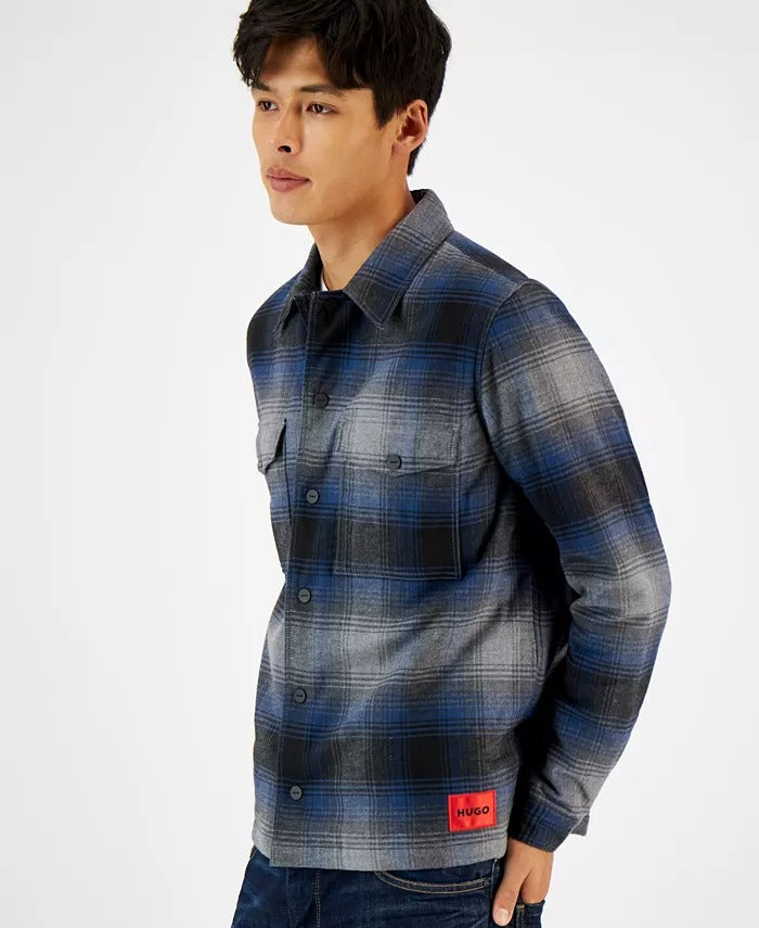 HUGO BY HUGO BOSS Men's Enalu Oversized Plaid Jacket Large Blue Grey