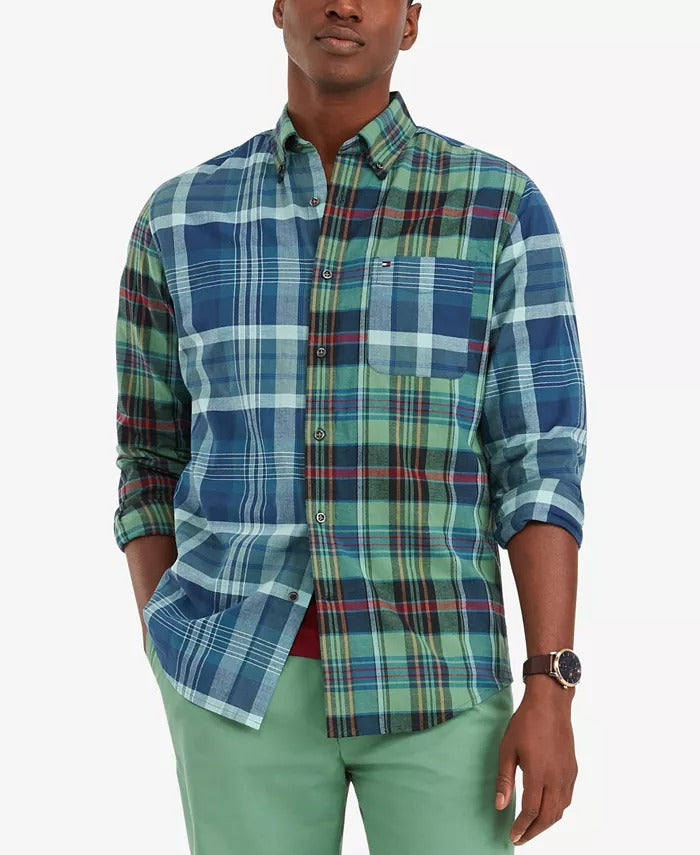 TOMMY HILFIGER Mens Mavis Plaid Pieced Green Blue Classic-Fit Button Shirt Small