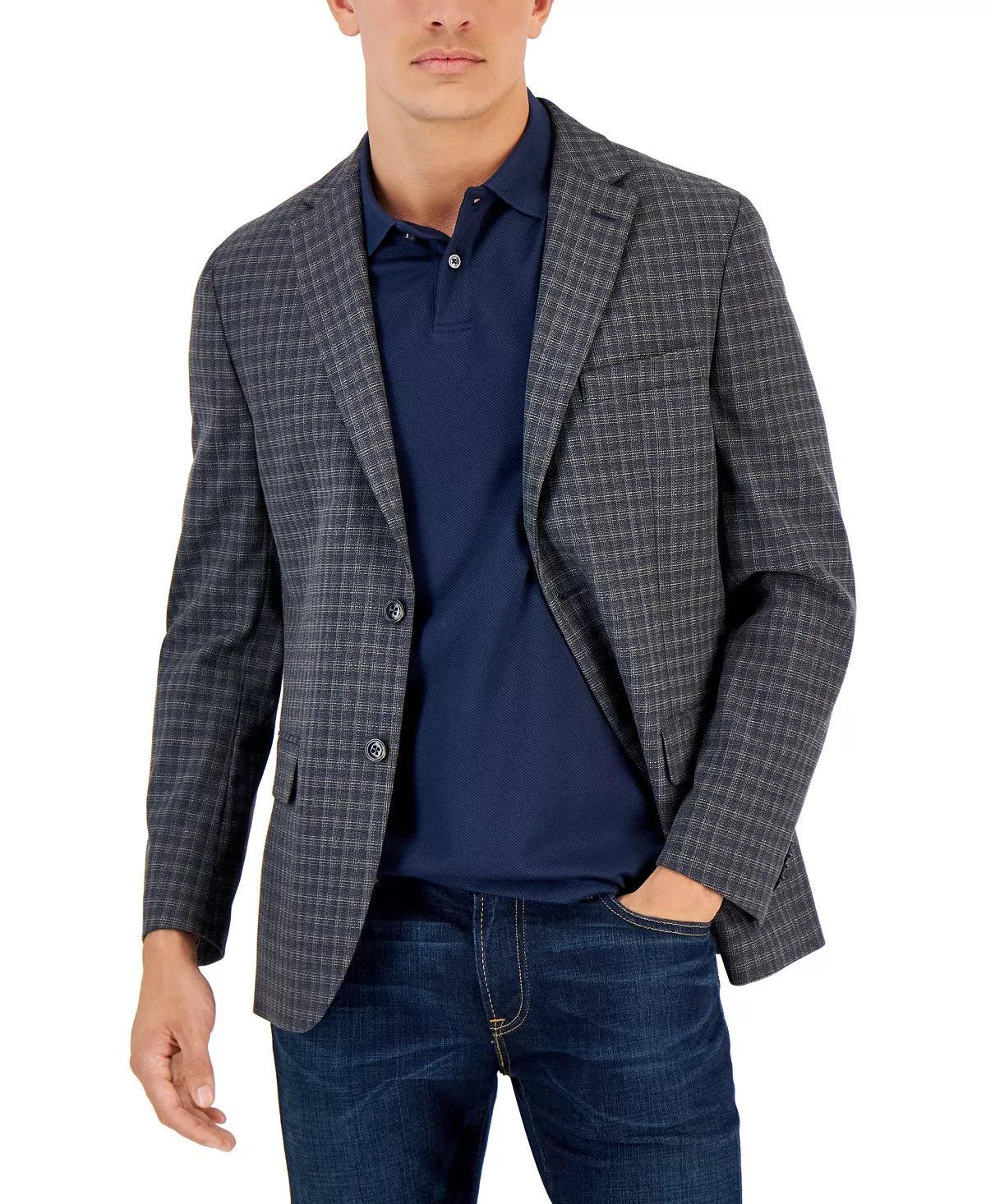 Tommy Hilfiger Mens Modern-Fit Check Sport Coat Charcoal Brown 42R