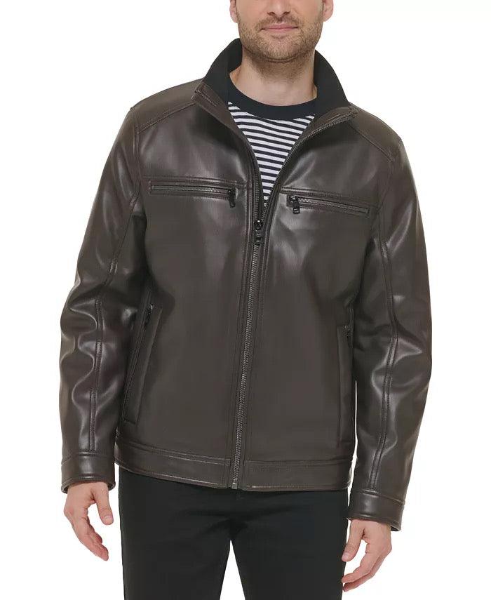 Calvin Klein Mens Faux Leather Jacket Brown Large