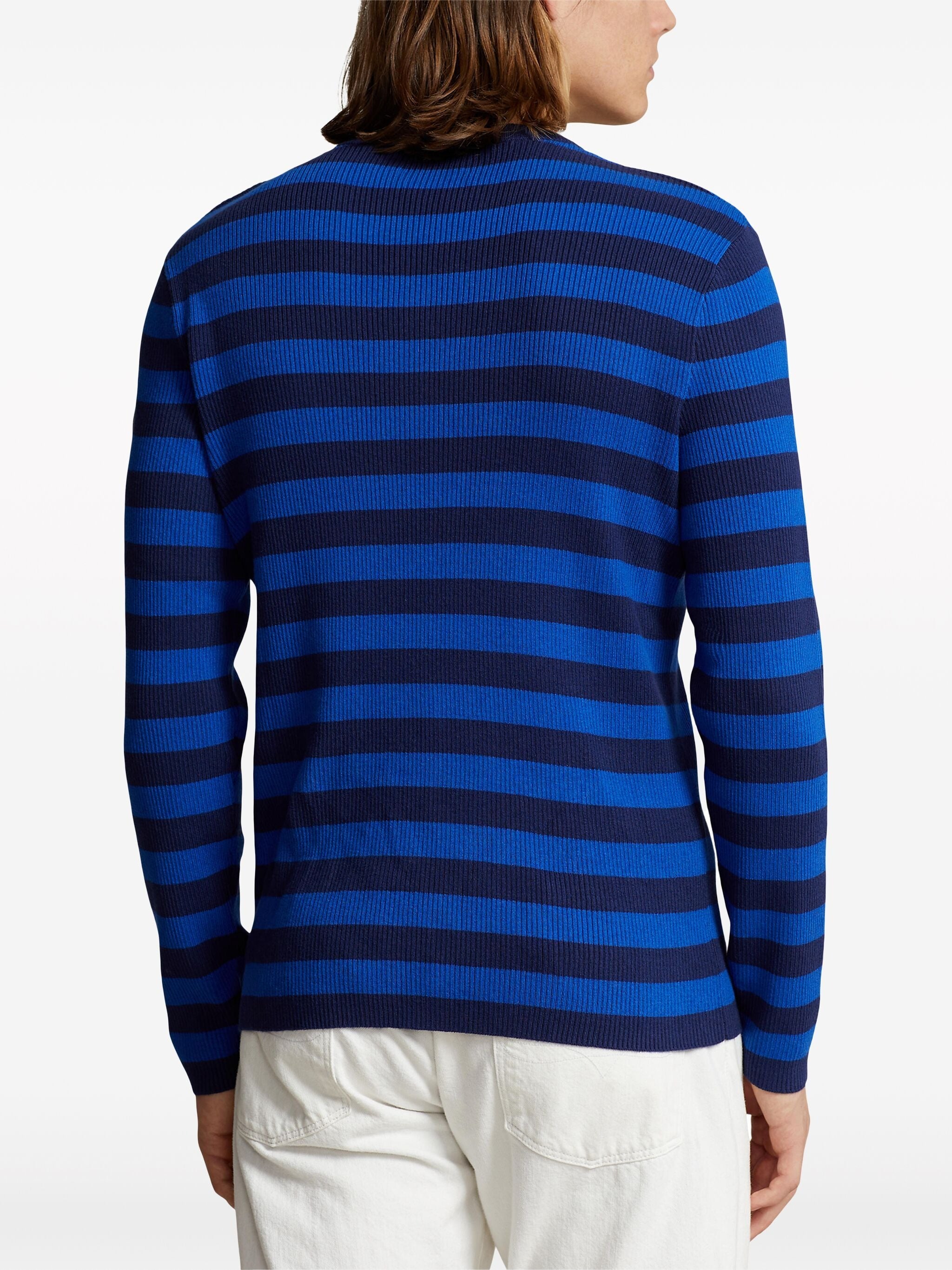 Polo Ralph Lauren Men Ribbed Stripe Cotton Cashmere Crewneck Sweater Blue Medium