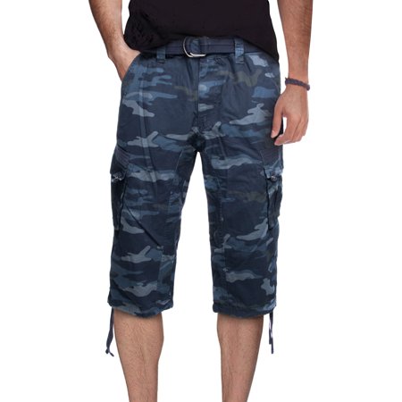 X Ray Mens Belted Capri 18 Inseam Cargo Shorts Navy Blue Camo Size 36