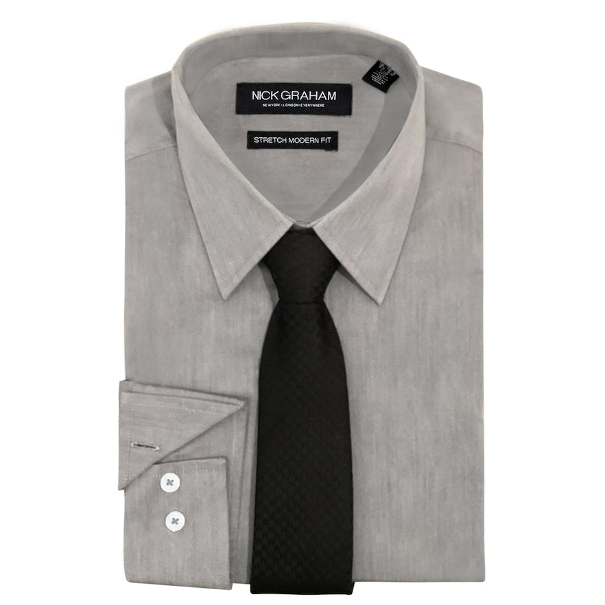 Nick Graham Men's Slim Fit Chambray Dress Shirt & Tie Set Grey 14.5 15 34 35