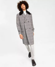International Concepts Ashton Mens Faux Fur Trim Plaid Pea Coat Grey XS