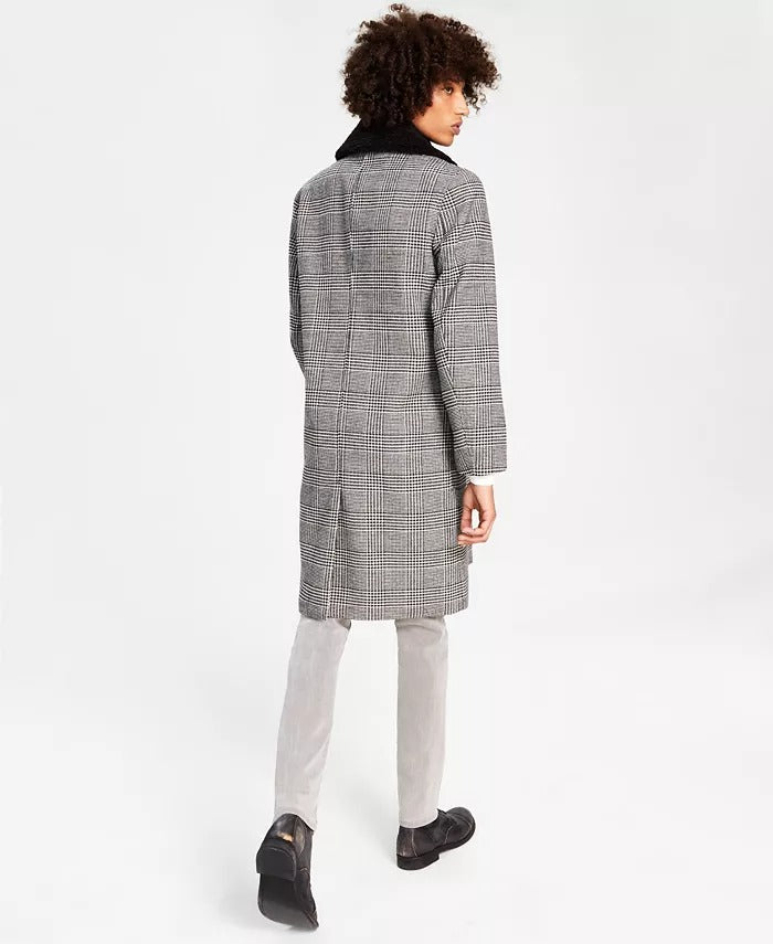 International Concepts Ashton Mens Faux Fur Trim Plaid Pea Coat Grey XS