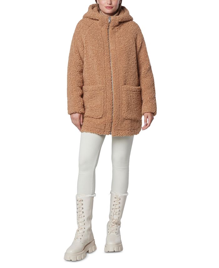 MARC NEW YORK Women's Seneca Hooded Teddy Coat Large Camel Brown